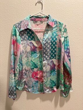 Zara Teal Aqua Pink Patchwork Print Button-Down Shirt